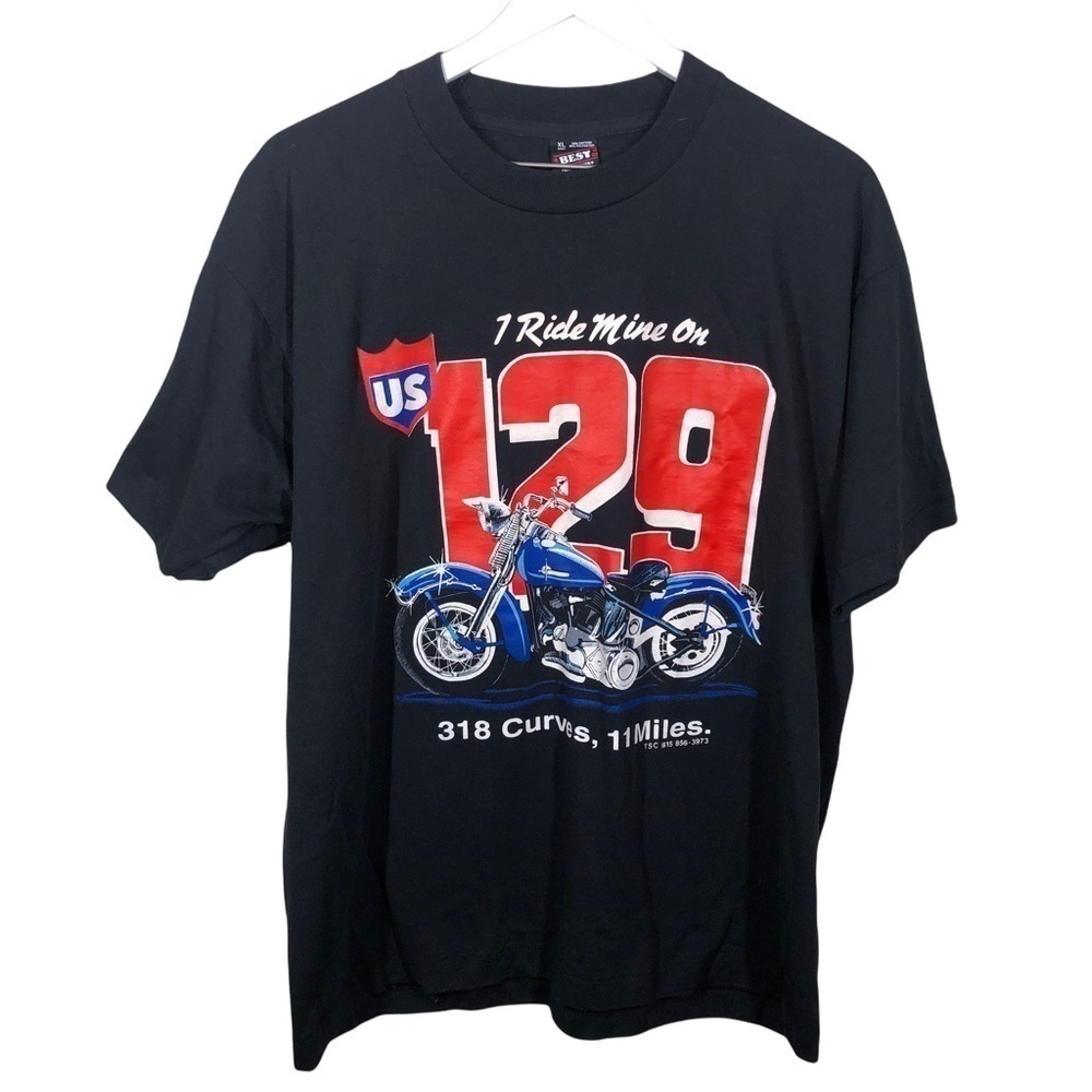 Vintage I Ride on 129 Motorcycle Black Single Stitch Short Sleeve Tee Shirt XL
